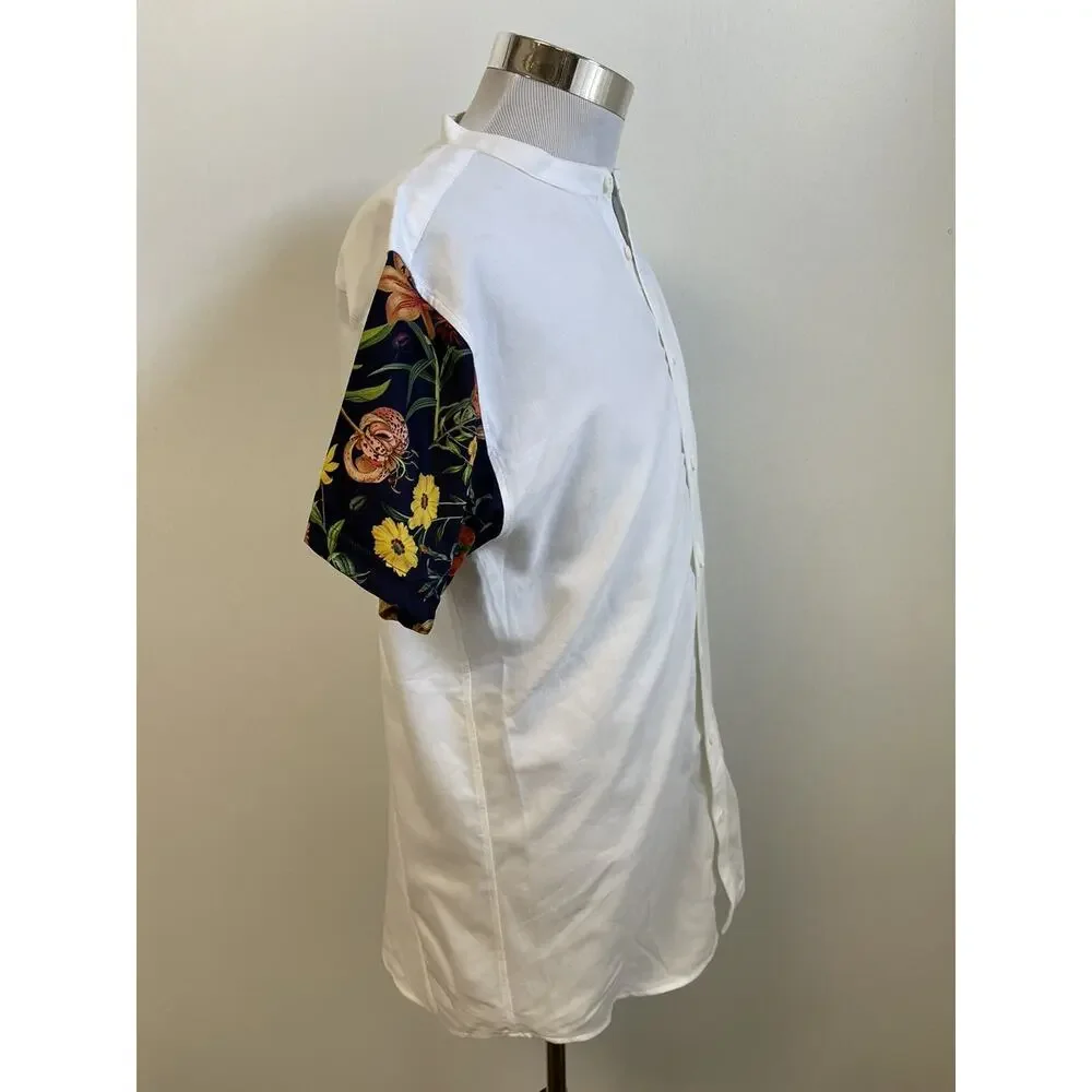 SikSilk Shirt Mens Medium Button Up White Floral Sik Silk Short Sleeve N29
